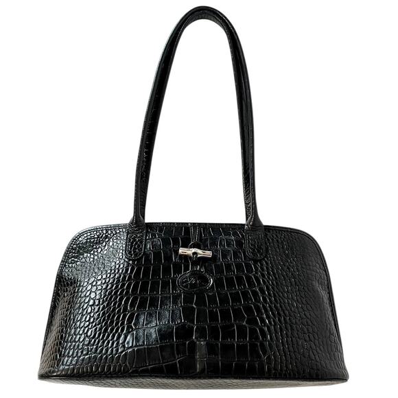Longchamp Handbags - Longchamp Black Croc-Embossed Shoulder Bag